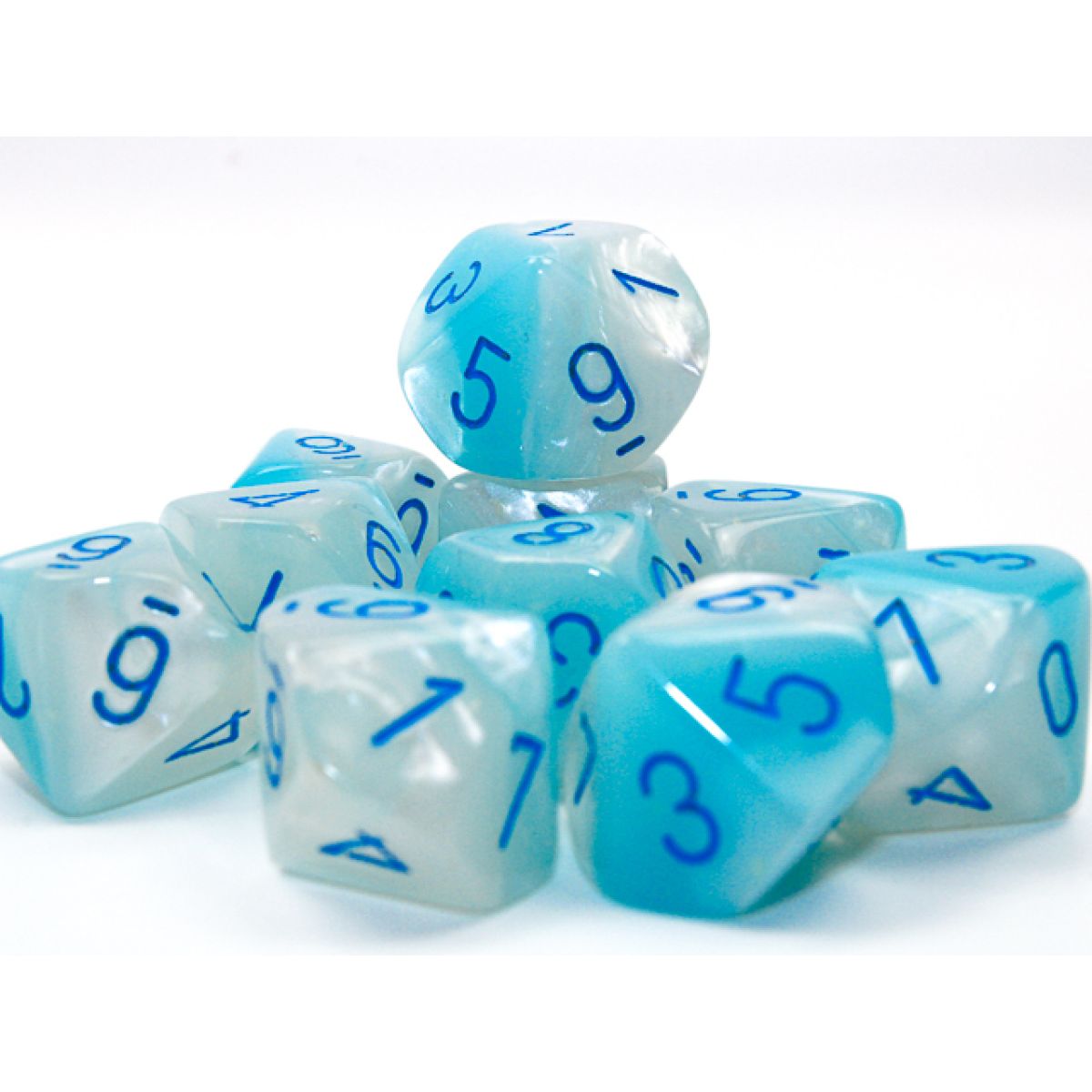Chessex – Gemini Pearl Turquoise-White/ Blue Luminary D10s Set of 10