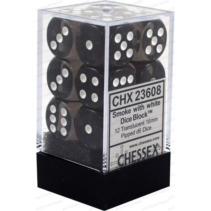 Translucent 16mm d6 Smoke/white Dice Block™ (12 dice)