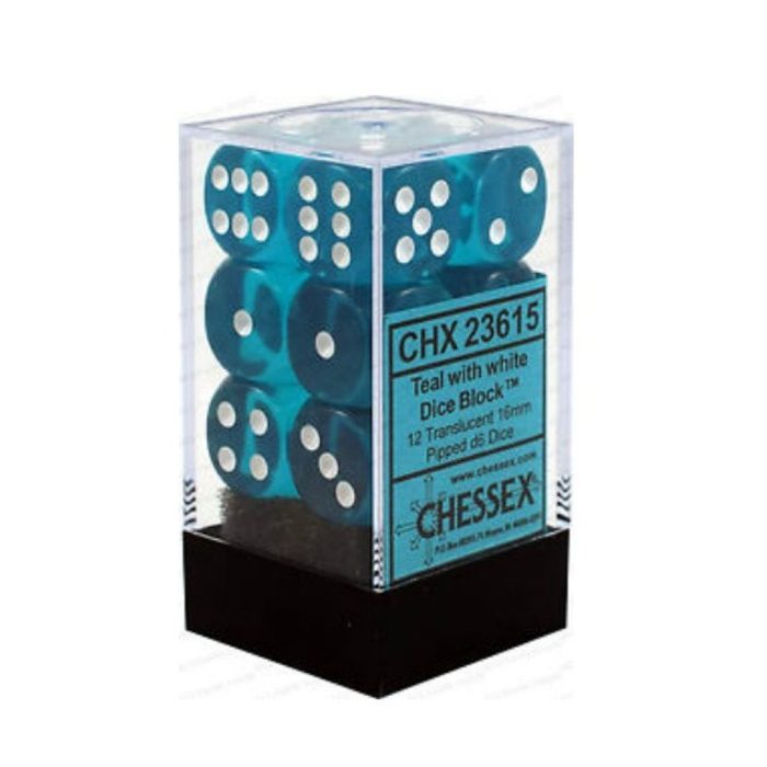Translucent 16mm d6 Teal/white Dice Block™ (12 dice)