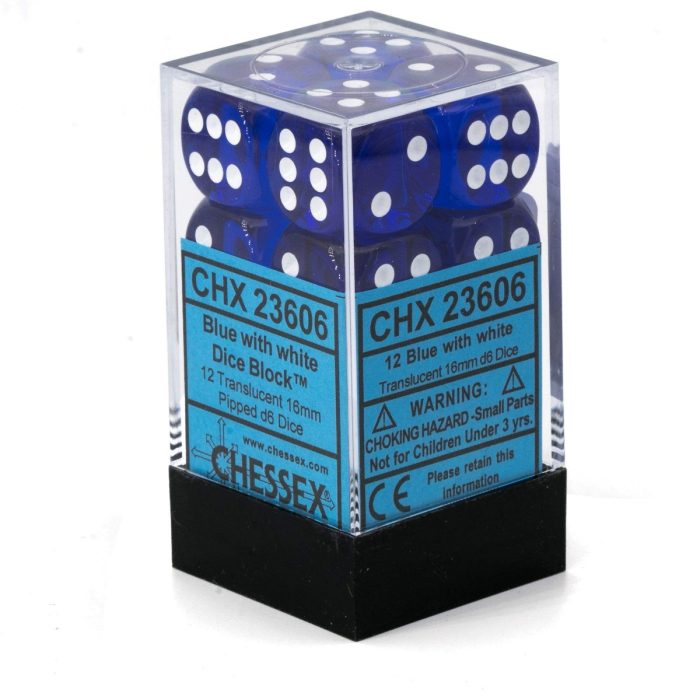 Translucent 16mm d6 Blue/white Dice Block™ (12 dice)