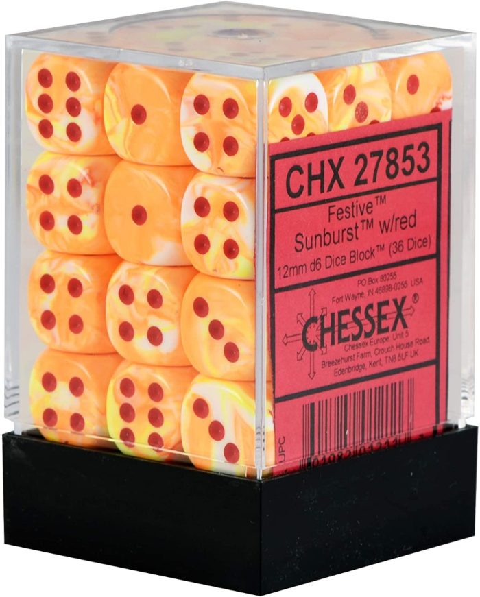 Festive® 12mm d6 Sunburst™/red Dice Block™ (36 dice)