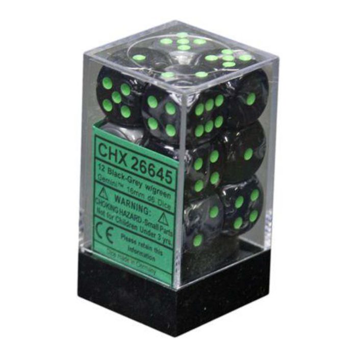 Chessex - Gemini 16mm d6 (12 dice) Black-Grey/green