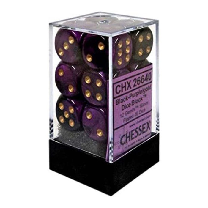 Chessex - Gemini 16mm d6 (12 dice) Black-Purple/gold