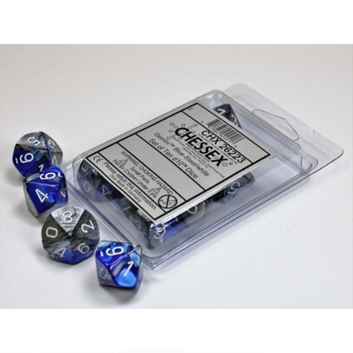 Chessex Gemini Blue-Steel/white Set of Ten d10s