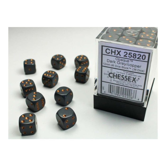 Chessex - Opaque 12mm d6 (36 dice) Dark Grey/copper