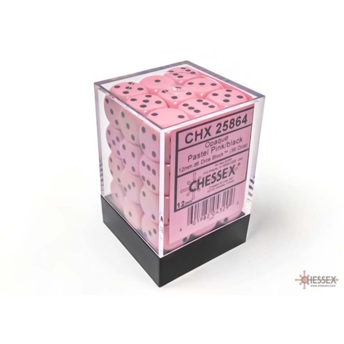 Chessex - Opaque 12mm d6 Pastel Pink/black Dice Block™ (36 dice)