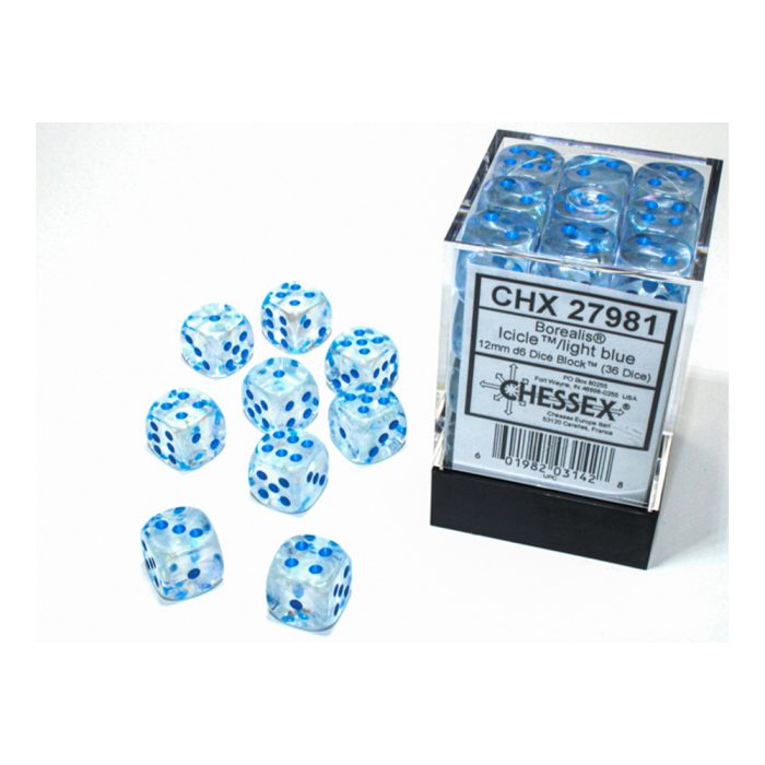 Chessex - Borealis® 12mm d6 Icicle™/light blue Luminary™ Dice Block (36 dice)