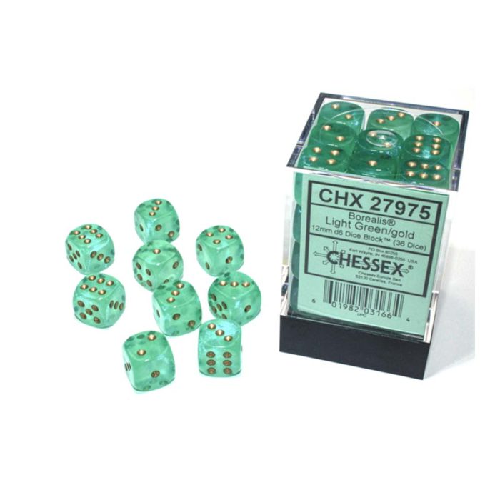 Chessex - Borealis® 12mm d6 Light Green/gold Luminary™ Dice Block (36 dice)