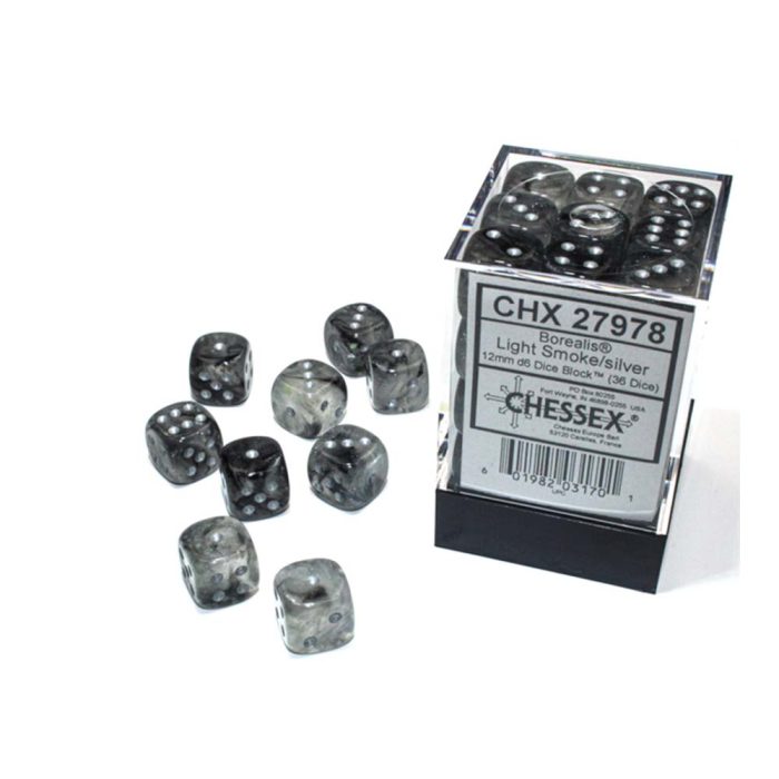Chessex - Borealis® 12mm d6 Light Smoke/silver Luminary™ Dice Block (36 dice)
