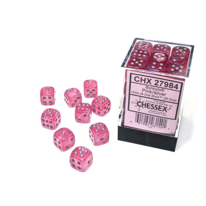 Chessex - Borealis® 12mm d6 Pink/silver Luminary™ Dice Block (36 dice)