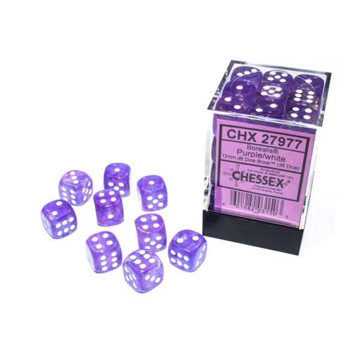 Chessex - Borealis® 12mm d6 Purple/white Luminary™ Dice Block (36 dice)