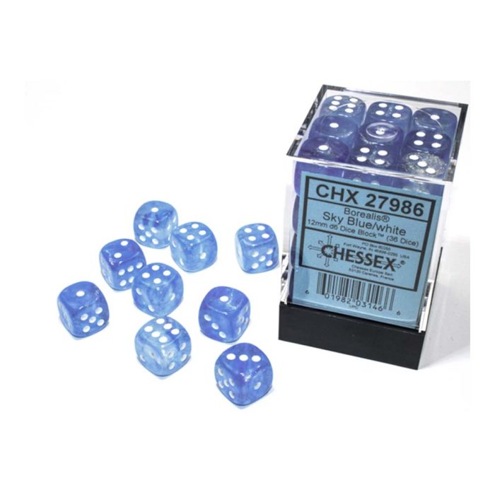 Chessex - Borealis® 12mm d6 Sky Blue/white Luminary™ Dice Block (36 dice)