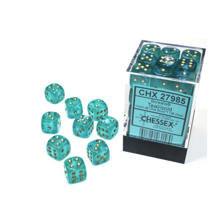 Chessex - Borealis® 12mm d6 Teal/gold Luminary™ Dice Block (36 dice)