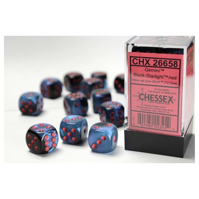 Chessex - Gemini® 16mm d6 Black-Starlight/red Dice Block™ (12 dice)
