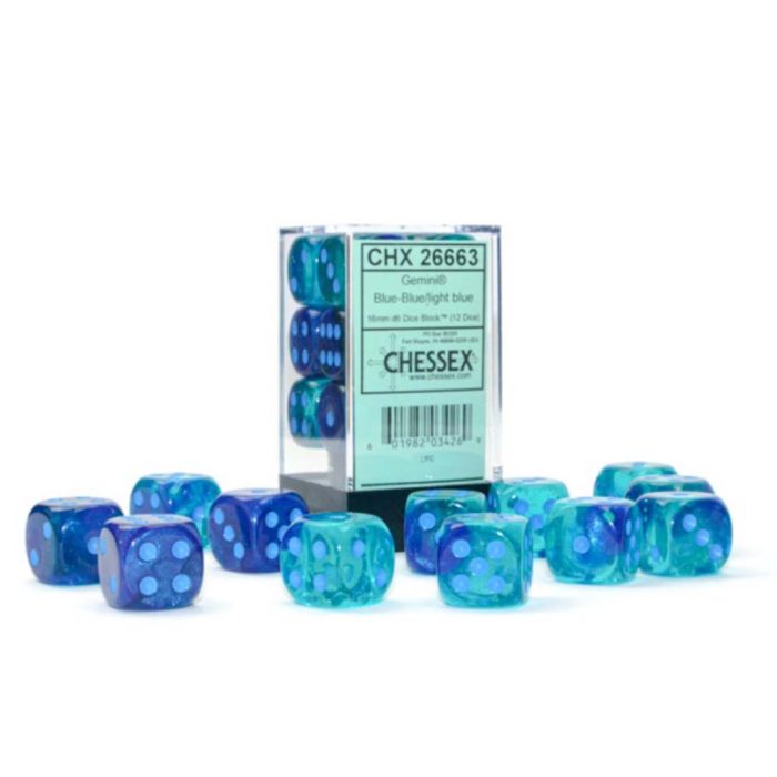 Chessex - Gemini® 16mm d6 Blue-Blue/light blue Luminary™ Dice Block (12 dice)