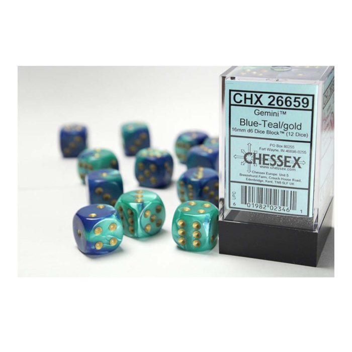 Chessex - Gemini® 16mm d6 Blue-Teal/gold Dice Block™ (12 dice)