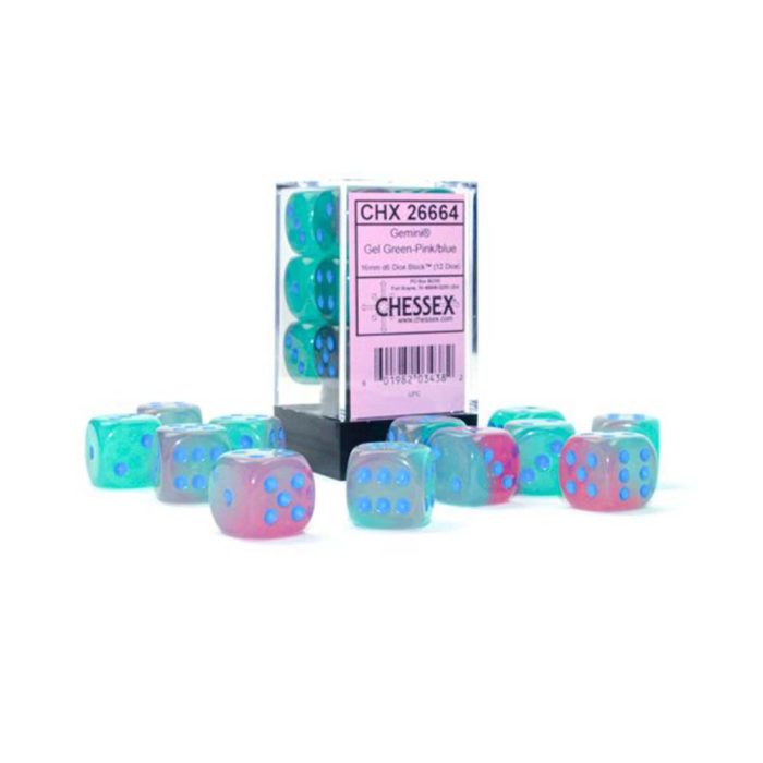 Chessex - Gemini® 16mm d6 Gel Green-Pink/blue Luminary™ Dice Block (12 dice)