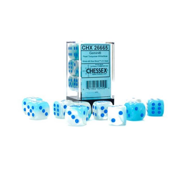 Chessex - Gemini® 16mm d6 Pearl Turquoise-White/blue Luminary™ Dice Block (12 dice)