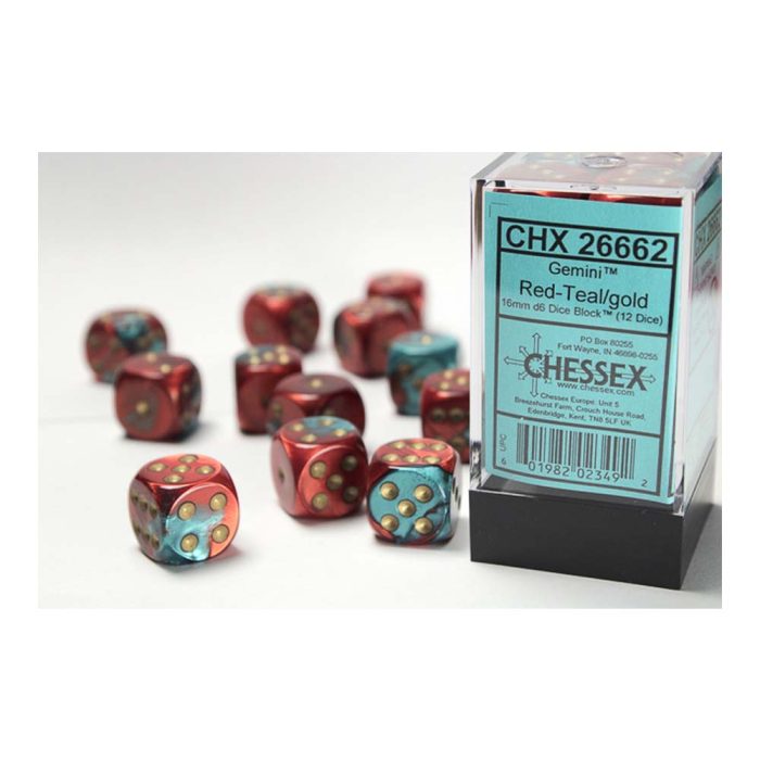 Chessex - Gemini® 16mm d6 Red-Teal/gold Dice Block™ (12 dice)