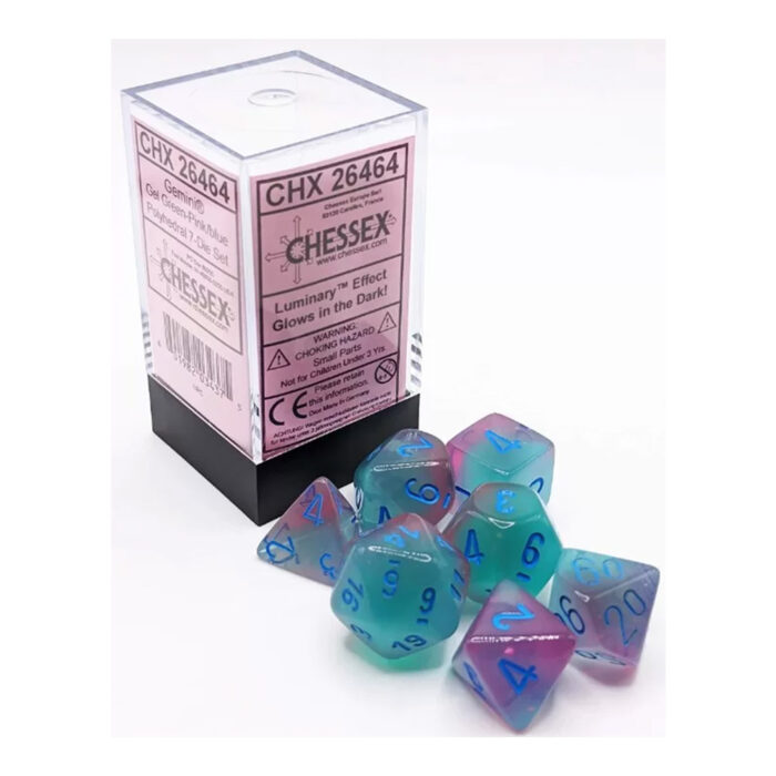 Chessex - Gemini Gel Green-Pink w/blue Luminary 7-Dice Set