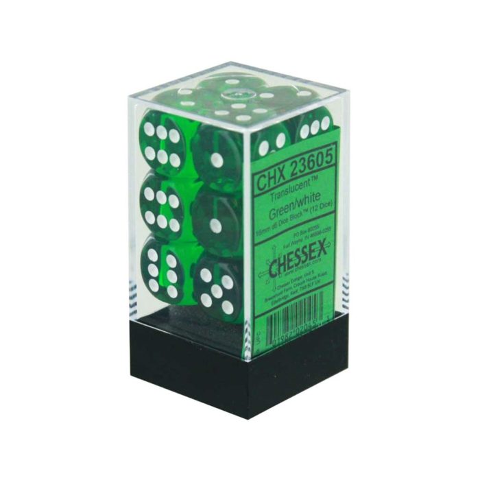 Translucent 16mm d6 Green/white Dice Block™ (12 dice)