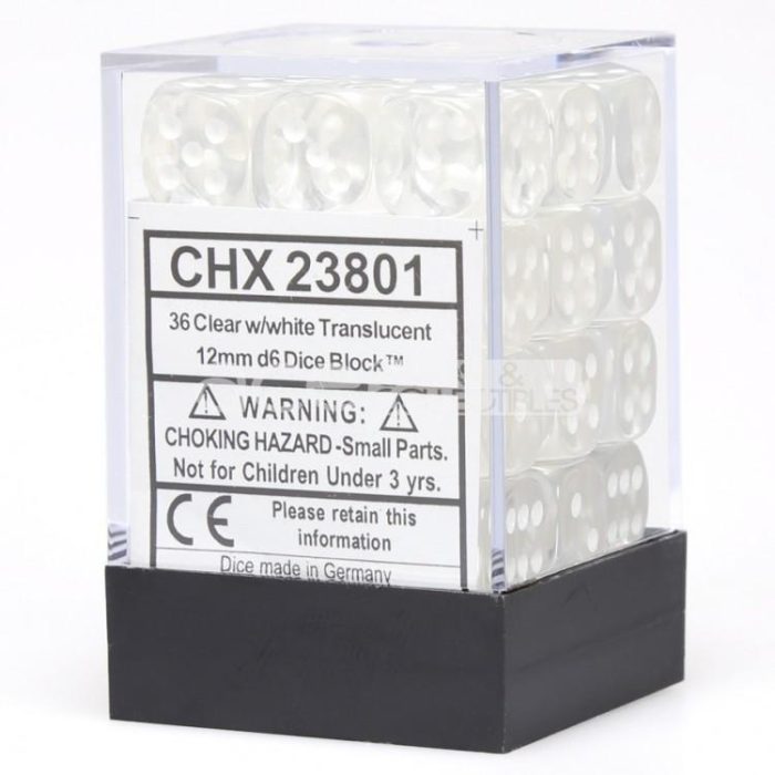 Translucent 12mm d6 Clear/white Dice Block™ (36 dice)