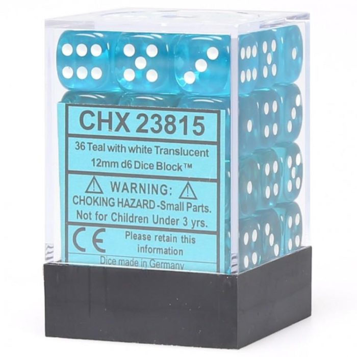 Translucent 12mm d6 Teal/white Dice Block™ (36 dice)