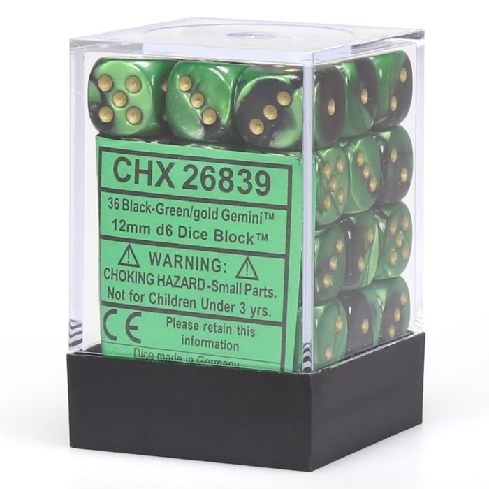 Gemini® 12mm d6 Black-Green/gold Dice Block™ (36 dice)