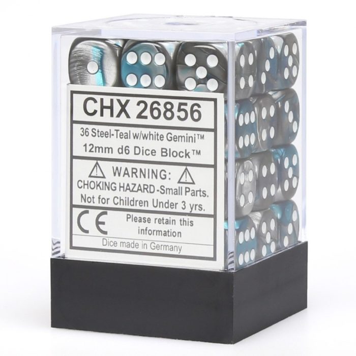Gemini® 12mm d6 Steel-Teal/white Dice Block™ (36 dice)