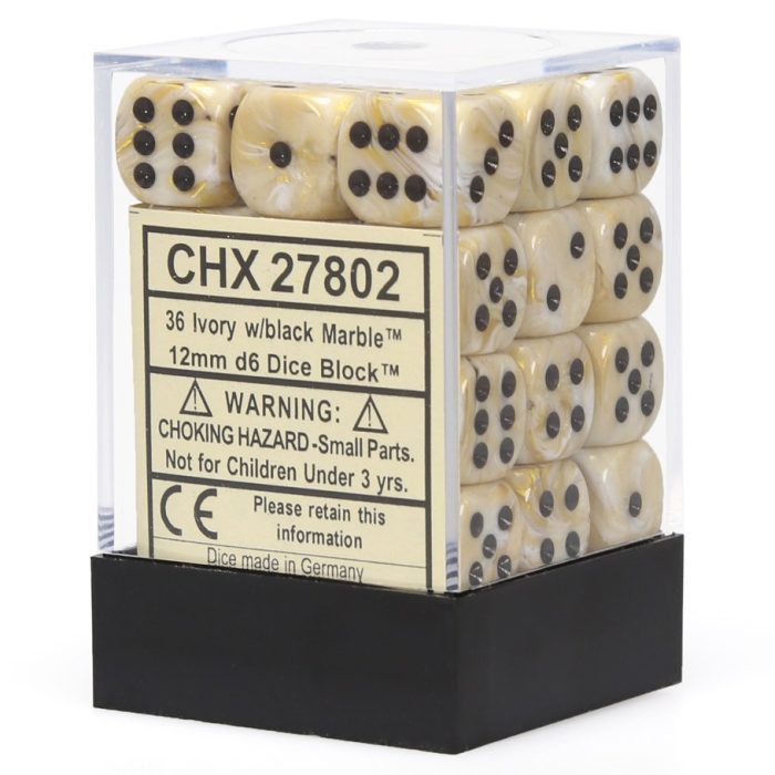 Marble 12mm d6 Ivory/black Dice Block™ (36 dice)