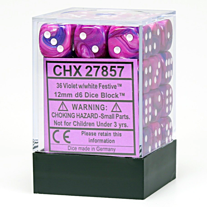 Festive® 12mm d6 Violet/white Dice Block™ (36 dice)