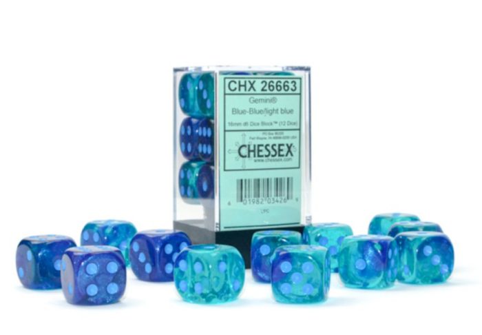 Chessex - Gemini® 16mm d6 Blue-Blue/light blue Luminary™ Dice Block (12 dice)