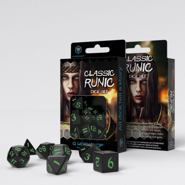 QW - Classic Runic Black & green Dice Set