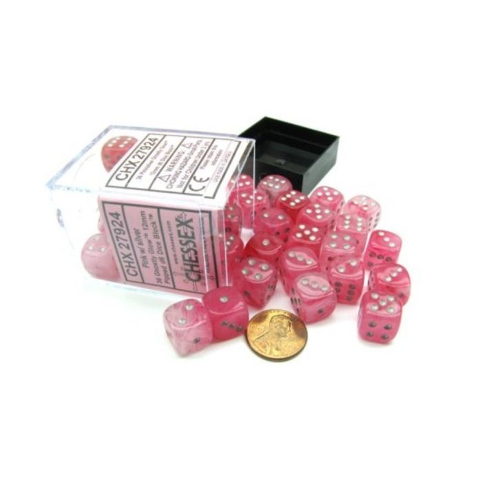 Ghostly Glow™ 12mm d6 Pink/silver Dice Block™ (36 dice)