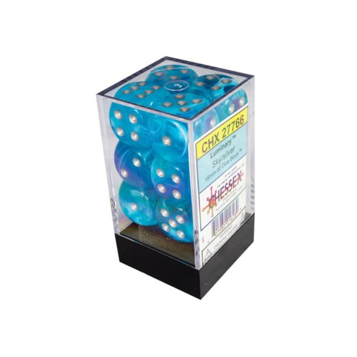 Luminary™ 16mm d6 Sky/silver Dice Block™ (12 dice)