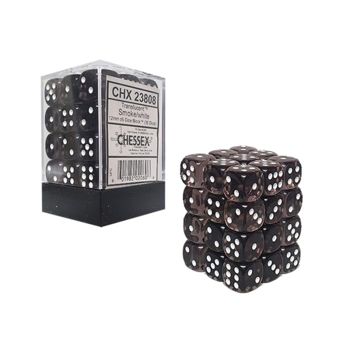 Translucent 12mm d6 Smoke/white Dice Block™ (36 dice)
